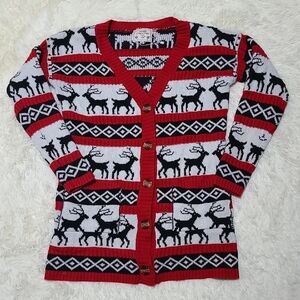 V28 Women's Festive Red and Black Reindeer Christmas Cardigan Sweater Size Small